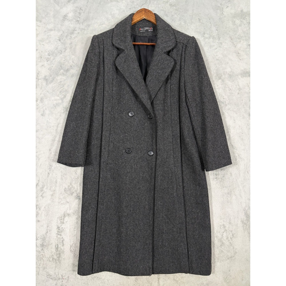 Alorna Overcoat Sz 6/8 Petite Grey Herringbone Wool Blend Double Breasted VTG